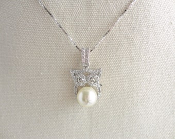Owl 925 sterling silver necklace,Swarovski crystal pearl,tiny CZ crystal,Sweet and Cute,everyday wear,gift for her