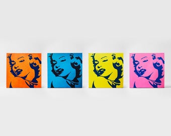 Marilyn Monroe Hand Painted Canvas Art | Orange, Pink, Yellow and Blue | Set of 4