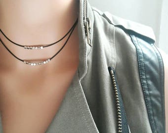 Silver choker necklace,black leather choker,beads choker,beaded choker,two strand necklace,double strand choker,layered choker,double choker