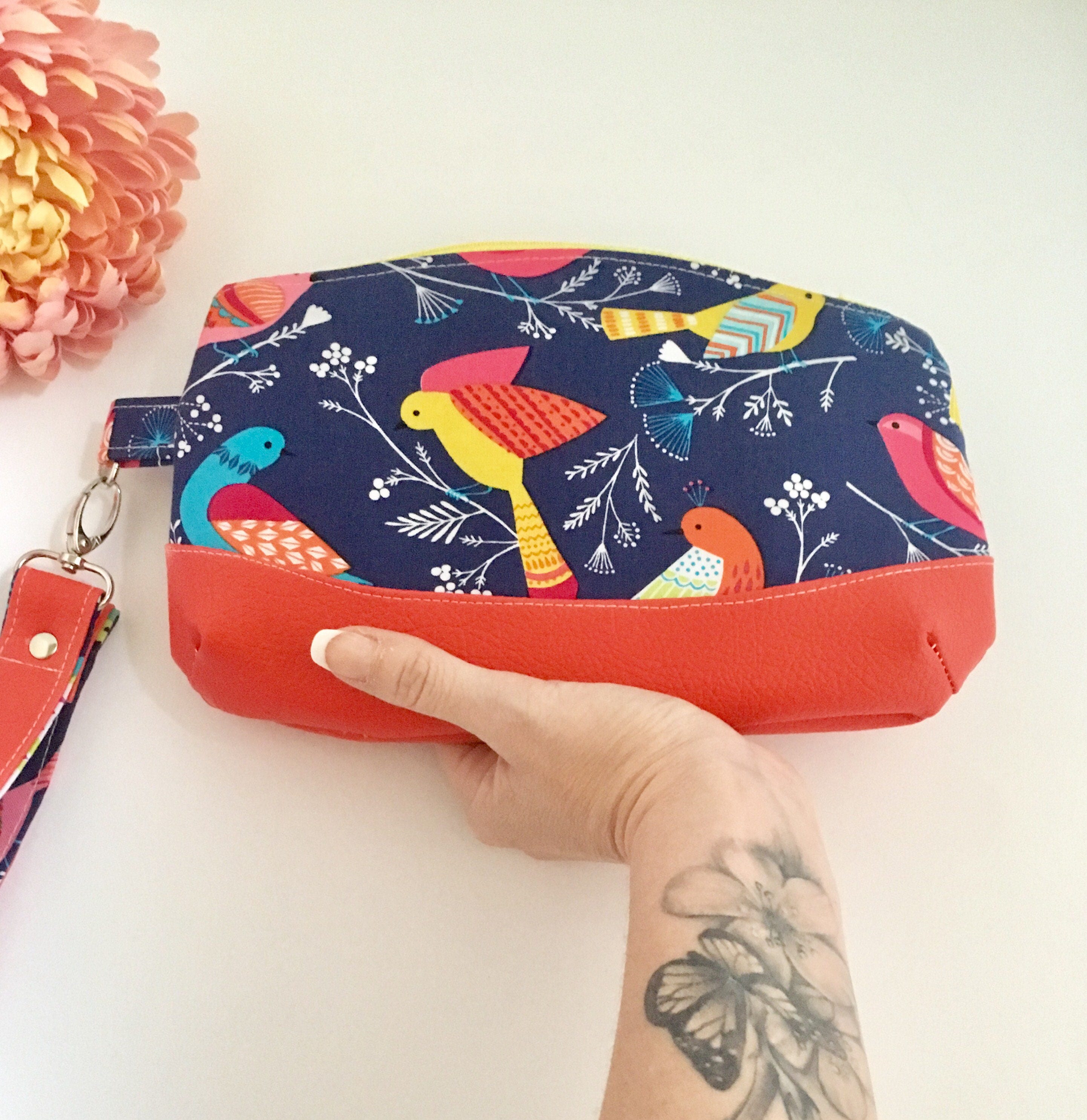 Bird clutch red clutch bag fabric clutch bird wristlet