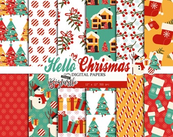 50% OFF SALE Hello Christmas Digital Paper pack, Snow digital paper, winter digital paper, Scrapbook Paper, Printable Background, 12 JPG.