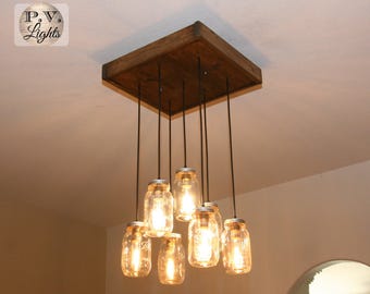 Mason Jar Handscraped Pendant Light - Rustic Ceiling Fixture - Industrial Chandelier - 7 pendants
