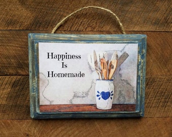 Happiness Is Homemade, Cooking, Baking, Country, Kitchen, Rustic, Wood Plaque, Wall Hanging