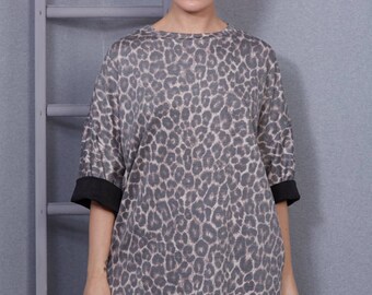 Animal Print Slouch Jumper- Jersey Sateen, Leopard Top