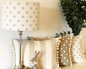 Star fabric lamp shade, with pom-poms