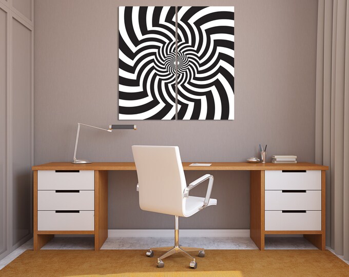 Black & white optical illusion wall art print on canvas, trippy vortex 3d art, black and white spiral psychedelic abstract art print