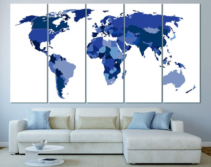 Large blue world map canvas panel print, blue push pin world map, blue push pin world map framed, Blue world map canvas with country borders