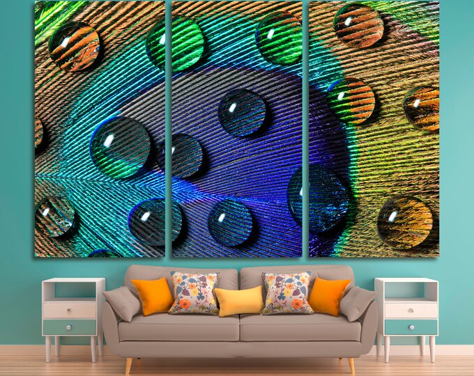 Large blue green yellow modern water drop photo peacock feather abstract wall art canvas print set of 3 or 5 panels, peacock fine art prints