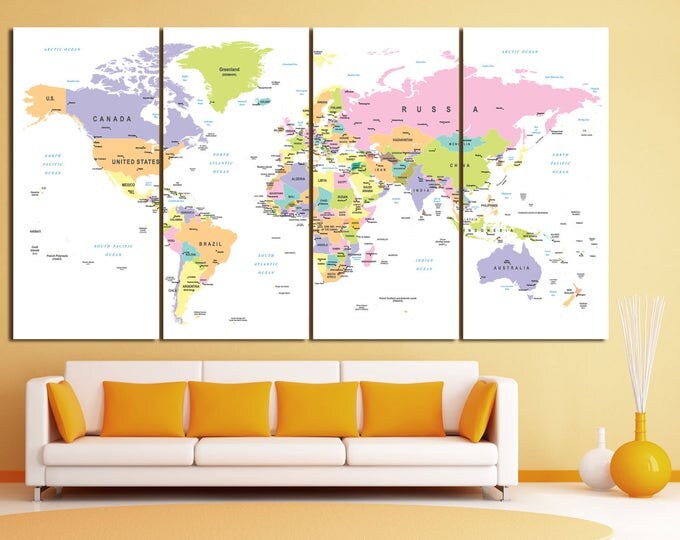 Large detailed map of the world canvas print with countries, political world map, travel map wall art, push pin world map
