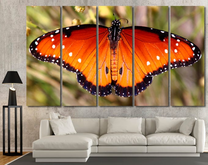 Large orange butterfly photo wall print art home decor, modern fine art photography orange butterfly decor canvas print set of 3 or 5 panels