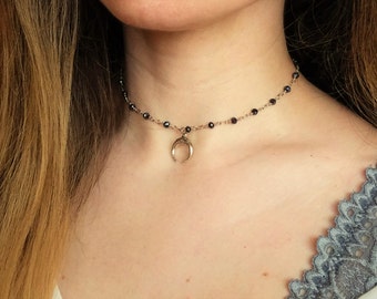 Cresent moon/horn choker- black beaded choker, beaded chain choker, horn pendant choker necklace, horn choker, silver charm choker, rosary