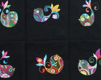 6 EMBROIDERED QUILT BLOCKS, panels, cushion panels 'Colourful Tweets' 100% cotton