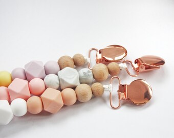 Silicone & Wood THE GOLDEN ROSE 2 Pacifier Baby Teether Holder Clip - Mordedor - Chupetero - Schnullerkette - Attache tétine - Dummy chain