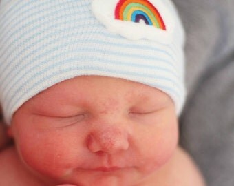 Newborn boy hospital hat- rainbow, rainbow baby, baby boy hospital hat, blue hospital hat, newborn hat, rainbow beanie, newborn boy hat