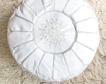 Moroccan pouf, Natural leather pouf, Handmade pouf, Embroidered pouf, White pouf LP1