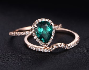 13ct pear cut treated emerald engagement ring set14k rose gold diamond wedding band - Emerald Wedding Ring 13ct pear cut treated emerald engagement ring set14k rose gold diamond wedding band - Emerald Wedding Ring