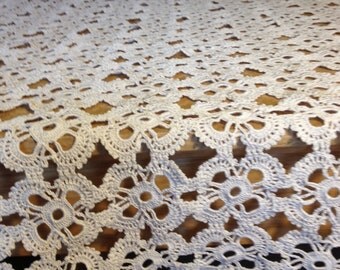 Beautiful handmade crocheted tablecloth, throw. Antique cream in colour