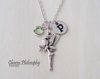 Tinkerbell Necklace - Peter Pan Jewelry - Monogram Personalized Initial and Birthstone