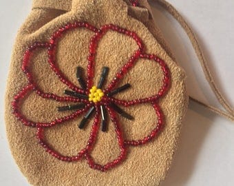 Deer Leather Hand Beaded flower Medicine Bag- Leather pouch- Crystal pouch - Amulet bag- tobacco pouch