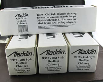 Vintage Aladdin Heelless Oil Lamp Chimneys, Vintage Aladdin R910 Old Style Chimney Never Used, Vintage Aladdin Replacement Oil Lamp Chimneys