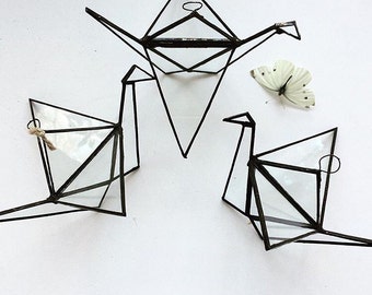 Glass Origami Crane - Handmade Geometric Bird - Home decor - Geometric Crane - geometric Terrarium