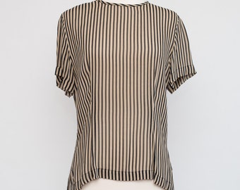 Vintage Sheer Black and Beige Darted Striped Top 1980s