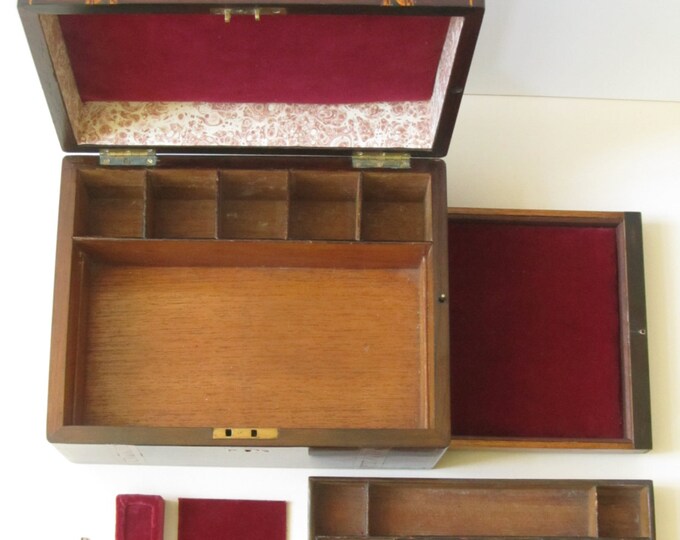 Antique jewelry box, Tunbridgeware Parquetry wooden trinket box, work or sewing case, vintage keepsake storage box for him or her
