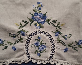 Vintage Embroidered Cross Stitch Table Topper on White Cotton