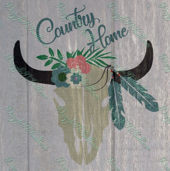 Download Bull Cow Skull feather flower spray monogram SVG Country Home