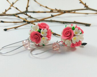 Pastel jewelry Rose earrings Pastel earrings Spring earrings Round earrings Delicate earrings Polymer clay jewelry Ideas for her Romantic