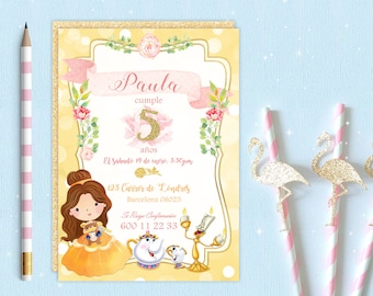 Invitación personalizada para una fiesta. La Bella y la Bestia. Imprimible descarga electrónica. Para niñas, bebés.