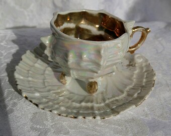 Vintage Demitasse - Lusterware ~ Gold Accents ~ Cup and Saucer ~ Seashell ~ Free Shipping