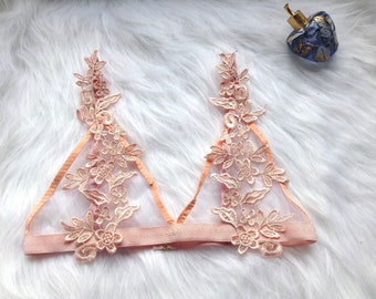 Light pink flower applique lace bralette