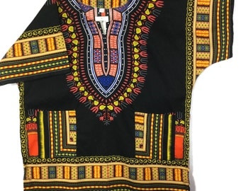 Men Dashiki Shirt African Top Vintage Clothing Hippie Style Tribal Black LOrange