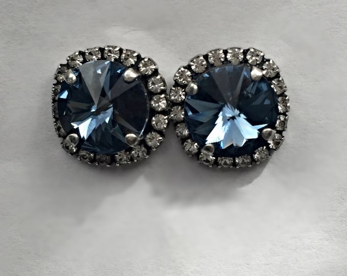 Something Blue Genuine Swarovski® Crystal Denim Blue Stud Earrings With A Halo of Crystals. Stunning Fashion Jewelry!