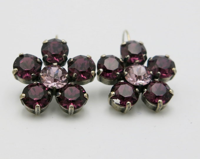 Purple amethyst, Swarovski crystal shimmering sparkly flower dangle drop earrings on lever backs.