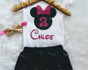 Minnie Mouse Birthday Outfit 2nd Birthday Shirt Pink Black Minnie Second Birthday Girl Disney World 2 Birthday Shorts Personalized Birthday