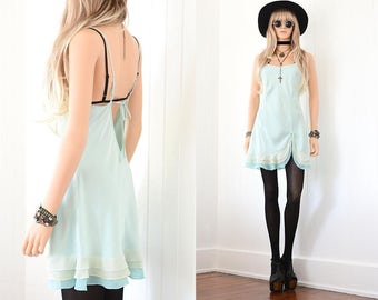 90s Silk Slip Dress Silk Mini Dress 90s Grunge Silk Mint Dress Aqua 90s Dress Silk Slip Dress Vintage 90s Clothing Backless Mini Dress XS