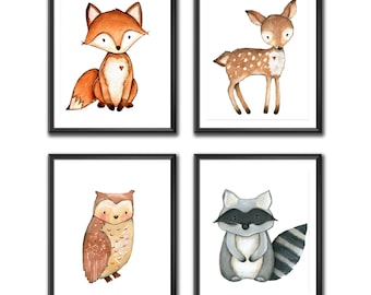 Woodland Nursery Decor, Woodland Nursery Wall Art, Baby Room Wall Art, Woodland Animal Prints, Digital Prints, Instant Download, Set of 4