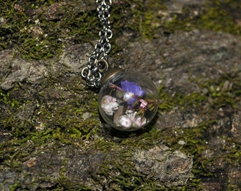Purple Flower Terrarium Necklace, Miniature Glass Orb Necklace, Real Flower Necklace, Fairy Garden Jewelry