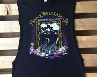 1990 Vintage Hank Williams Jr t-shirt, country, music, outlaw, singer, cowboy, lone wolf, 90's, 1990's, cut off sleeves, black, concert