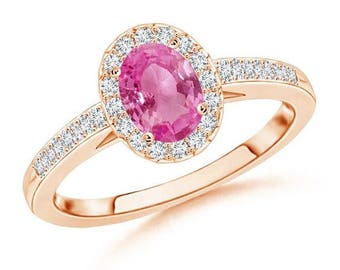 pink sapphire rose gold ring,1.5 Oval Sapphire Engagement Ring in 18k Rose Gold.Genuine Rose gold sapphire ring,AAAA Grading Gem