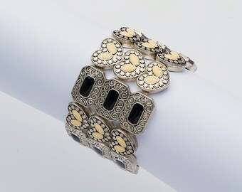 Vintage bracelet, 1960's hearts design, black and cream silver bracelet, graphic jewellery, chunky bracelet, retro bracelet