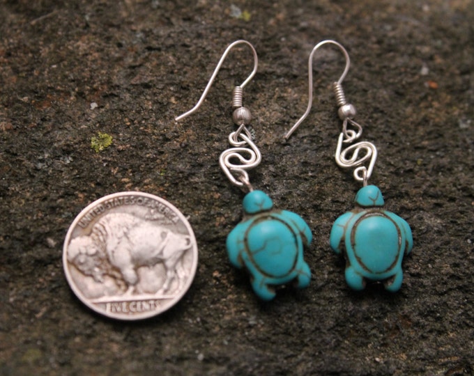 Turquoise Turtle Bead Earrings with Silver Wire, Sea Turtle Ocean Beach Jewelry, Animal Jewelry, Dangle and Drop Earrings, Gift for Her