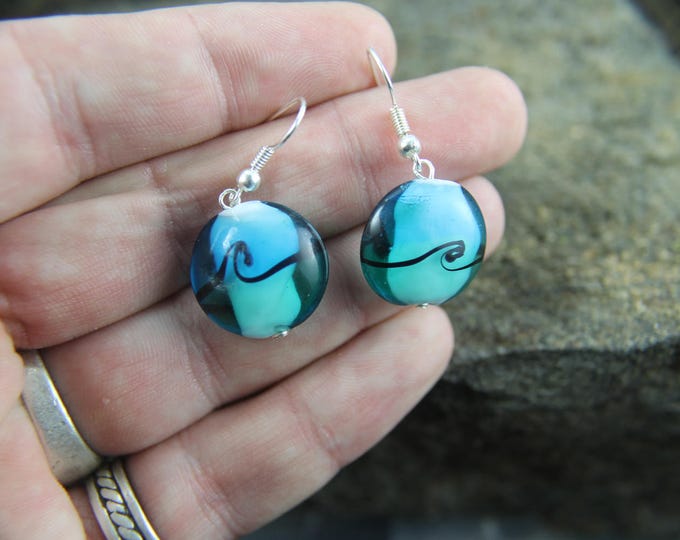 Blue Glass Bead Earrings, Ocean Beach Jewelry, Swirl Wave Design, Simple Minimalist Style, BoHo Earrings, Bohemian Fashion