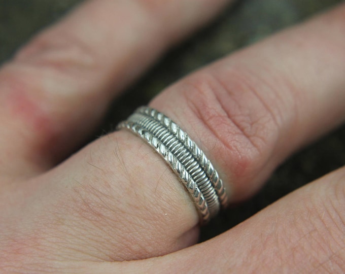Solid Sterling Silver Wedding Band, Twisted and Ridged Design, Vintage Style Ring for Him or Her, Mans or Womans Anniversary / Promise Ring