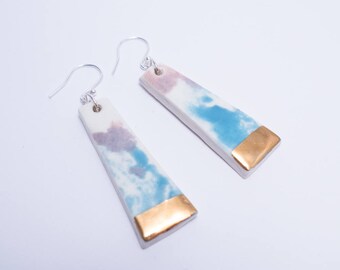 sterling silver drop earrings, hanging earrings, dangle, ceramic earrings, handmade earrings, gold detail