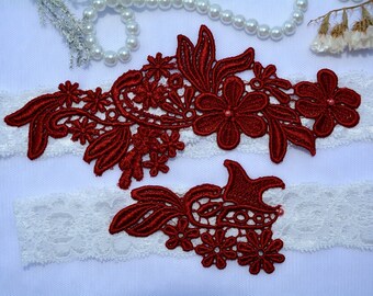 Red Burgundy Garter, Wedding Garter, Wedding Garter Red, Wedding Garter Set, Wedding Garter Ivory, Wedding Garter Belt, Wedding Garter Lace