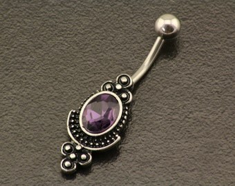 Unique Belly Button Ring. Tribal Belly Piercing. Bohemian Silver Navel Jewelry. Hippie Body Jewellery Summer Boho Piercing Purple Belly Bar