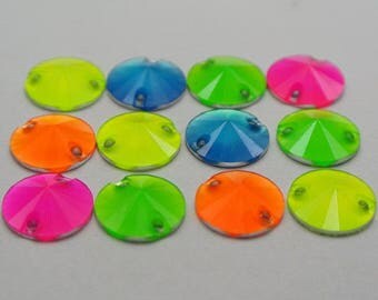 100 Mixed Neon Color Flatback Acrylic Rivoli Round Sewing Rhinestone Beads 10mm